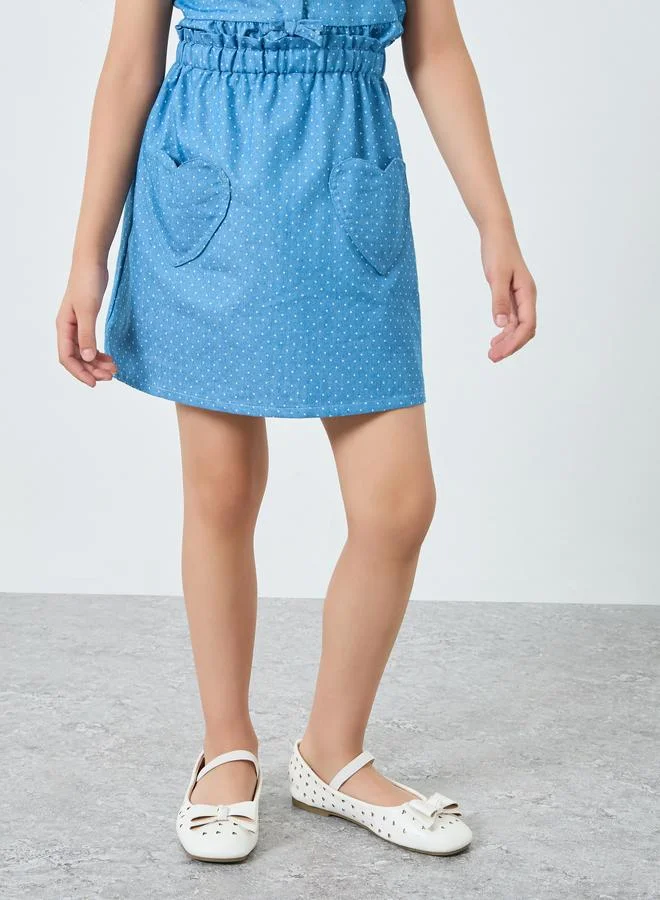 Styli Girls Polka Heart Pocket Denim Skirt